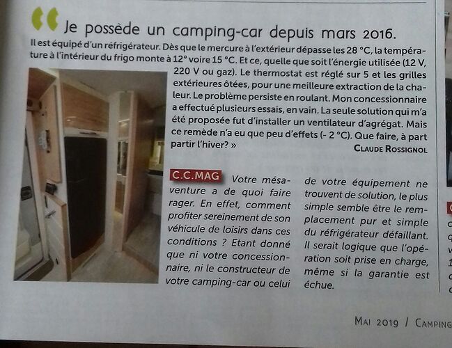 Re: Réfrigérateur Dometic RMD 8505 et problème dans camping-car - Claude-41