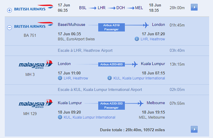 Billet avion : British Airways / Malaysia airlines - vol avec escales et 2 compagnies - Yannouch68
