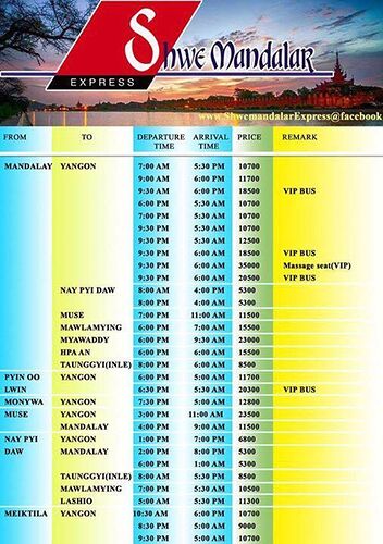 Horaire compagnie BUS Shwe mandalar  - La vanille