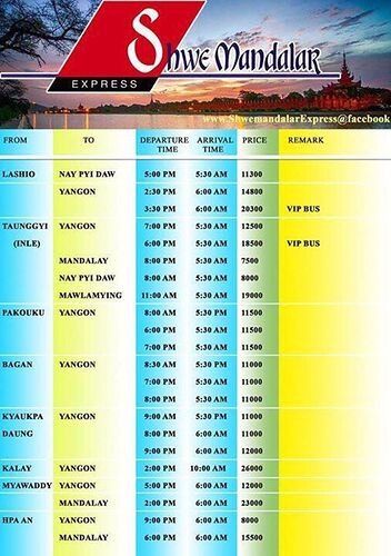 Horaire compagnie BUS Shwe mandalar  - La vanille