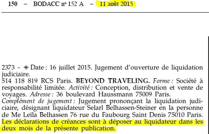 Publication au BODACC de la liquidation BEYOND TRAVELING - JCL Mennecy