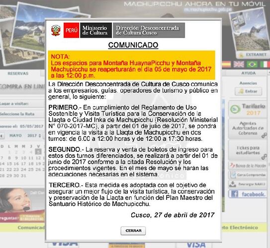 NOUVEAUX HORAIRES MACHU PICCHU au 1er JUILLET 2017 - Montagnard74