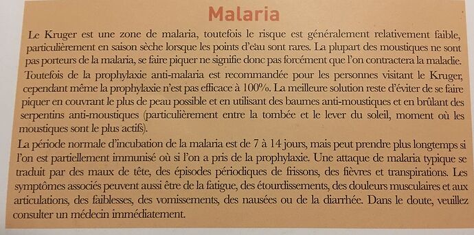 Re: Faut-il prévoir des médicaments contre le paludisme pour le Parc Kruger ?  - PATOUTAILLE