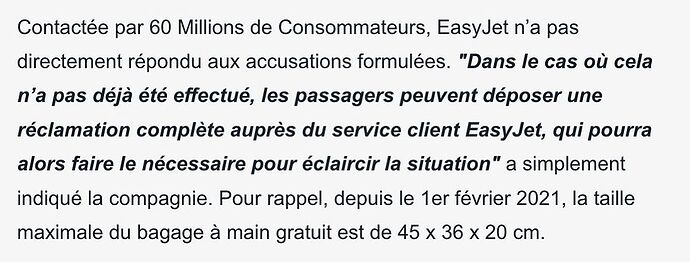 depuis le 1er février 2021 : bagage à main gratuit est de 45 x 36 x 20 cm - H@rd