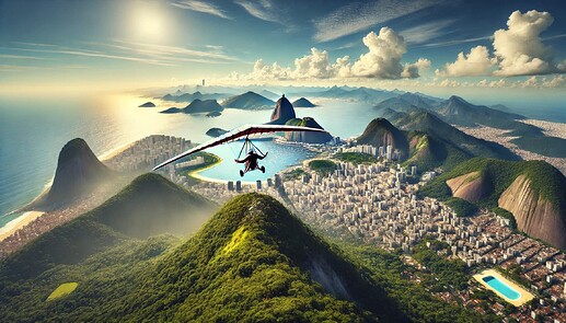 DALL·E 2025-04-02 17.50.27 - A breathtaking scene of a hang glider soaring above Rio de Janeiro, Brazil. The pilot is mid-flight, gliding over the lush green mountains and the vib