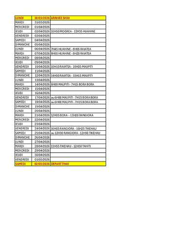 CALENDRIER TAHITI DEPART 30 MARS 2026