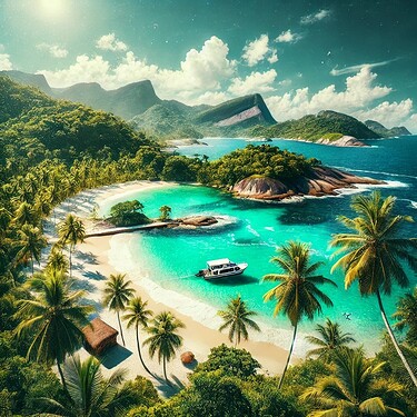 DALL·E 2025-03-22 07.59.01 - A breathtaking view of a tropical island near Rio de Janeiro, Brazil. The image showcases crystal-clear turquoise waters, white sandy beaches, and lus
