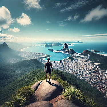 DALL·E 2025-03-22 07.46.29 - A breathtaking view from the top of Pedra da Gávea in Rio de Janeiro, Brazil. The image captures a hiker standing triumphantly at the summit, overlook