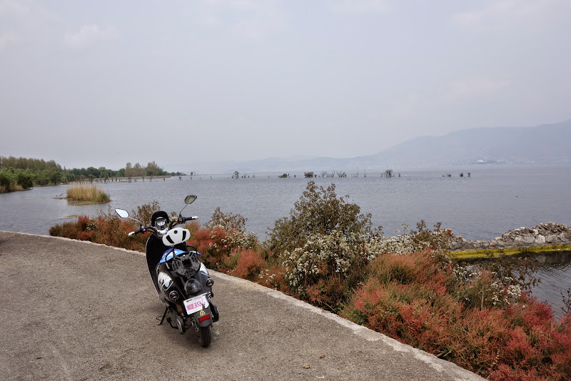 à Dali je loue 1 scooter pour faire une balade le long de la Côte Ouest du lac Erhai - passionnasie