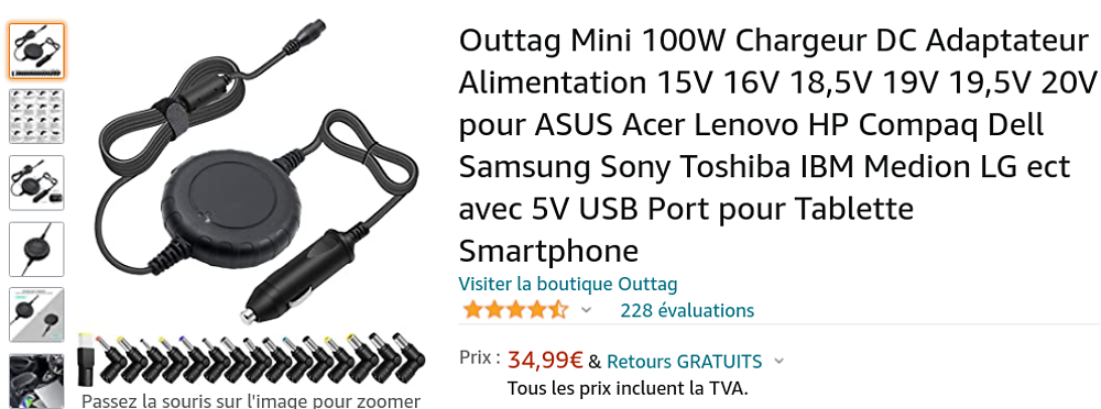 Chargeur Voiture Allume Cigare Universel pour Pc Portable Dell HP Toshiba